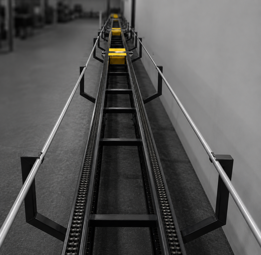 Conveyor with chains in a line